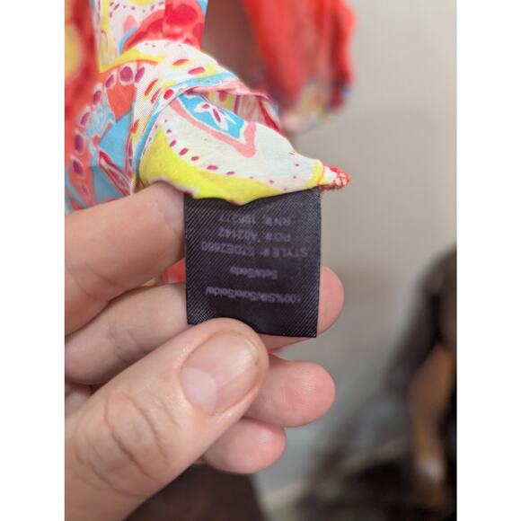 Hale Bob 100% silk and beaded neon mandala style print top w/roll tab sleeve top - Picture 4 of 10